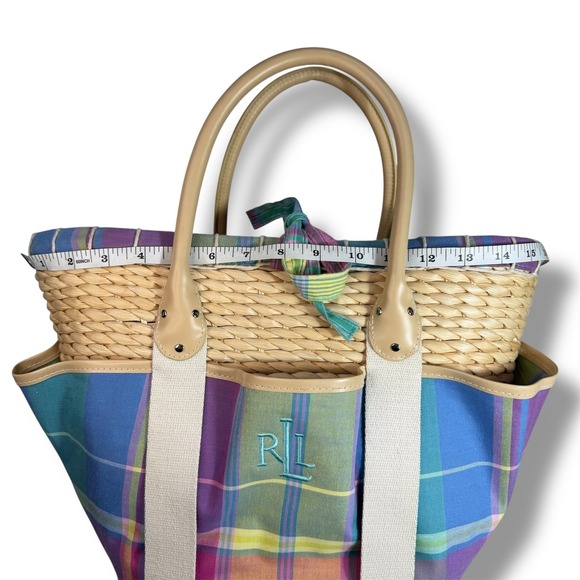 Lauren Ralph Lauren Madras Plaid Straw Tote Bag Canvas Beach Bag Preppy Vacation - Picture 7 of 8